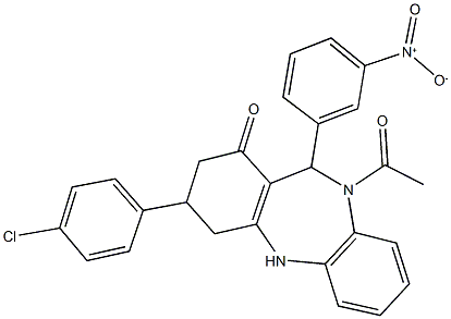 10-acetyl-3-(4-chlorophenyl)-11-{3-nitrophenyl}-2,3,4,5,10,11-hexahydro-1H-dibenzo[b,e][1,4]diazepin-1-one 结构式
