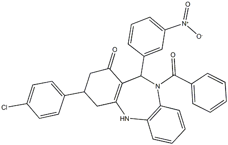 10-benzoyl-3-(4-chlorophenyl)-11-{3-nitrophenyl}-2,3,4,5,10,11-hexahydro-1H-dibenzo[b,e][1,4]diazepin-1-one 结构式