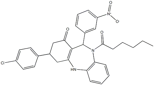 3-(4-chlorophenyl)-10-hexanoyl-11-{3-nitrophenyl}-2,3,4,5,10,11-hexahydro-1H-dibenzo[b,e][1,4]diazepin-1-one 结构式
