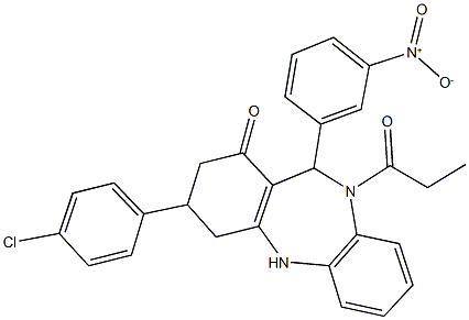 3-(4-chlorophenyl)-11-{3-nitrophenyl}-10-propionyl-2,3,4,5,10,11-hexahydro-1H-dibenzo[b,e][1,4]diazepin-1-one 结构式