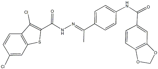 N-(4-{N-[(3,6-dichloro-1-benzothien-2-yl)carbonyl]ethanehydrazonoyl}phenyl)-1,3-benzodioxole-5-carboxamide 结构式