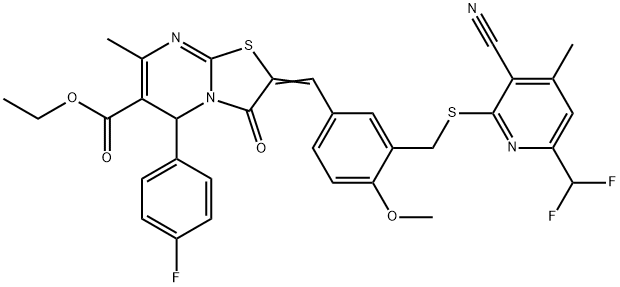 ethyl 2-[3-({[3-cyano-6-(difluoromethyl)-4-methyl-2-pyridinyl]sulfanyl}methyl)-4-methoxybenzylidene]-5-(4-fluorophenyl)-7-methyl-3-oxo-2,3-dihydro-5H-[1,3]thiazolo[3,2-a]pyrimidine-6-carboxylate 结构式