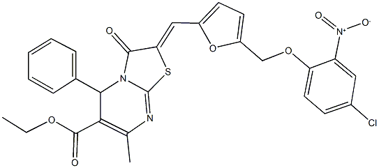 ethyl 2-{[5-({4-chloro-2-nitrophenoxy}methyl)-2-furyl]methylene}-7-methyl-3-oxo-5-phenyl-2,3-dihydro-5H-[1,3]thiazolo[3,2-a]pyrimidine-6-carboxylate 结构式