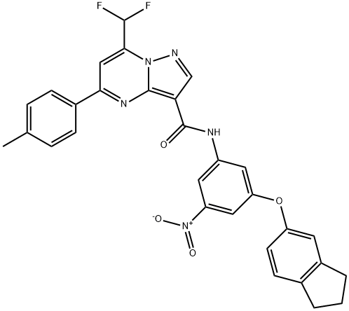 7-(difluoromethyl)-N-{3-(2,3-dihydro-1H-inden-5-yloxy)-5-nitrophenyl}-5-(4-methylphenyl)pyrazolo[1,5-a]pyrimidine-3-carboxamide 结构式