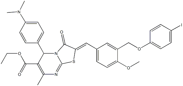 ethyl 5-[4-(dimethylamino)phenyl]-2-{3-[(4-iodophenoxy)methyl]-4-methoxybenzylidene}-7-methyl-3-oxo-2,3-dihydro-5H-[1,3]thiazolo[3,2-a]pyrimidine-6-carboxylate 结构式