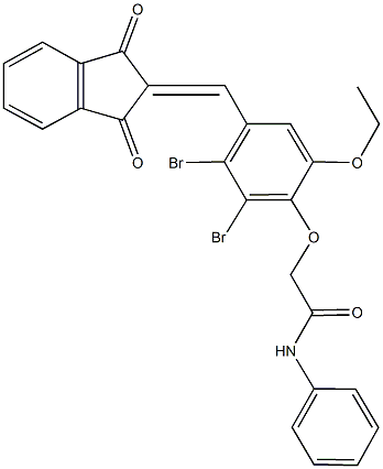 2-{2,3-dibromo-4-[(1,3-dioxo-1,3-dihydro-2H-inden-2-ylidene)methyl]-6-ethoxyphenoxy}-N-phenylacetamide 结构式