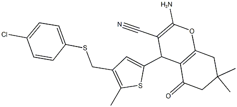 2-amino-4-(4-{[(4-chlorophenyl)sulfanyl]methyl}-5-methyl-2-thienyl)-7,7-dimethyl-5-oxo-5,6,7,8-tetrahydro-4H-chromene-3-carbonitrile 结构式