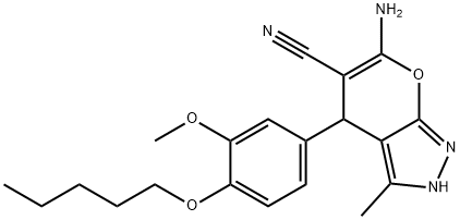 6-amino-3-methyl-4-[3-(methyloxy)-4-(pentyloxy)phenyl]-2,4-dihydropyrano[2,3-c]pyrazole-5-carbonitrile 结构式
