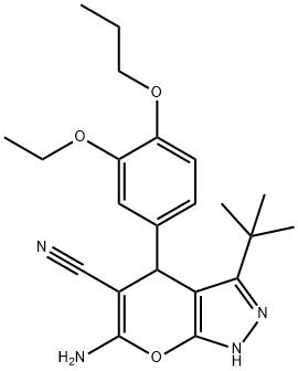 6-amino-3-(1,1-dimethylethyl)-4-[3-(ethyloxy)-4-(propyloxy)phenyl]-1,4-dihydropyrano[2,3-c]pyrazole-5-carbonitrile 结构式