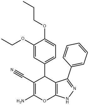 6-amino-4-[3-(ethyloxy)-4-(propyloxy)phenyl]-3-phenyl-1,4-dihydropyrano[2,3-c]pyrazole-5-carbonitrile 结构式