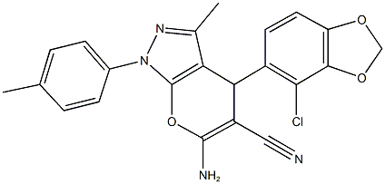 6-amino-4-(4-chloro-1,3-benzodioxol-5-yl)-3-methyl-1-(4-methylphenyl)-1,4-dihydropyrano[2,3-c]pyrazole-5-carbonitrile 结构式