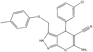 6-amino-4-(3-chlorophenyl)-3-{[(4-methylphenyl)sulfanyl]methyl}-2,4-dihydropyrano[2,3-c]pyrazole-5-carbonitrile 结构式