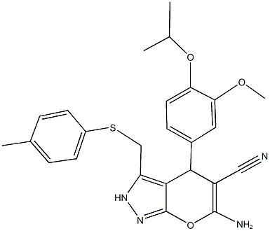 6-amino-4-[4-[(1-methylethyl)oxy]-3-(methyloxy)phenyl]-3-{[(4-methylphenyl)sulfanyl]methyl}-2,4-dihydropyrano[2,3-c]pyrazole-5-carbonitrile 结构式