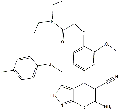 2-[4-(6-amino-5-cyano-3-{[(4-methylphenyl)sulfanyl]methyl}-2,4-dihydropyrano[2,3-c]pyrazol-4-yl)-2-methoxyphenoxy]-N,N-diethylacetamide 结构式
