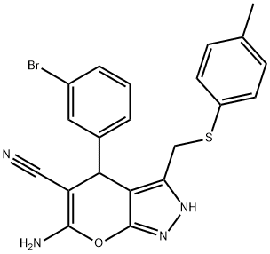 6-amino-4-(3-bromophenyl)-3-{[(4-methylphenyl)sulfanyl]methyl}-2,4-dihydropyrano[2,3-c]pyrazole-5-carbonitrile 结构式