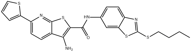 3-amino-N-[2-(butylsulfanyl)-1,3-benzothiazol-6-yl]-6-(2-thienyl)thieno[2,3-b]pyridine-2-carboxamide 结构式