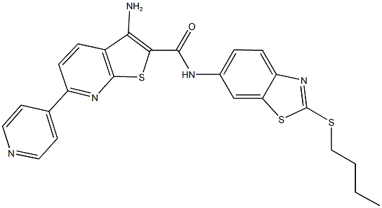 3-amino-N-[2-(butylsulfanyl)-1,3-benzothiazol-6-yl]-6-(4-pyridinyl)thieno[2,3-b]pyridine-2-carboxamide 结构式