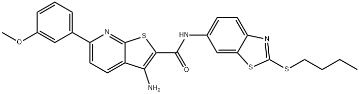 3-amino-N-[2-(butylsulfanyl)-1,3-benzothiazol-6-yl]-6-(3-methoxyphenyl)thieno[2,3-b]pyridine-2-carboxamide 结构式