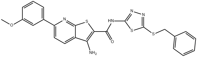 3-amino-N-[5-(benzylsulfanyl)-1,3,4-thiadiazol-2-yl]-6-(3-methoxyphenyl)thieno[2,3-b]pyridine-2-carboxamide 结构式