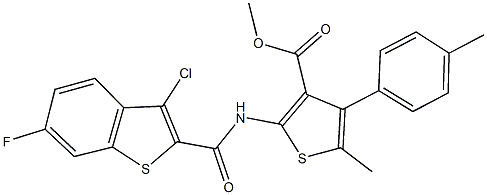 methyl 2-{[(3-chloro-6-fluoro-1-benzothien-2-yl)carbonyl]amino}-5-methyl-4-(4-methylphenyl)-3-thiophenecarboxylate 结构式