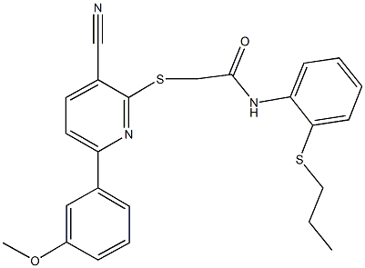 2-{[3-cyano-6-(3-methoxyphenyl)-2-pyridinyl]sulfanyl}-N-[2-(propylsulfanyl)phenyl]acetamide 结构式