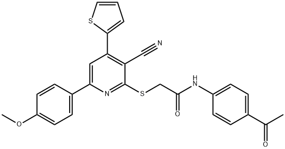 N-(4-acetylphenyl)-2-{[3-cyano-6-(4-methoxyphenyl)-4-(2-thienyl)-2-pyridinyl]sulfanyl}acetamide 结构式