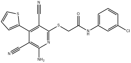 2-{[6-amino-3,5-dicyano-4-(2-thienyl)-2-pyridinyl]sulfanyl}-N-(3-chlorophenyl)acetamide 结构式