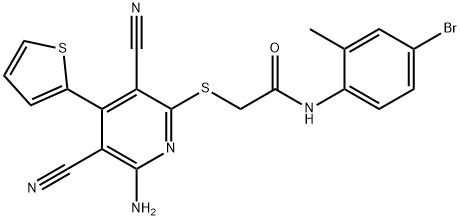 2-{[6-amino-3,5-dicyano-4-(2-thienyl)-2-pyridinyl]sulfanyl}-N-(4-bromo-2-methylphenyl)acetamide 结构式