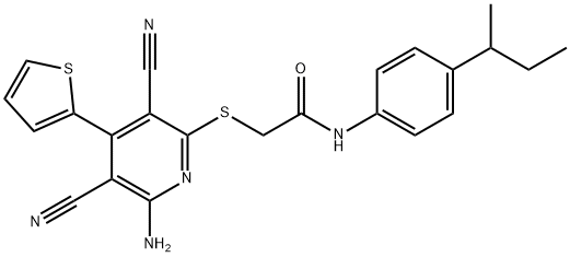 2-{[6-amino-3,5-dicyano-4-(2-thienyl)-2-pyridinyl]sulfanyl}-N-(4-sec-butylphenyl)acetamide 结构式