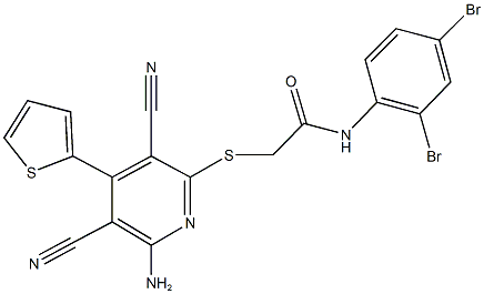 2-{[6-amino-3,5-dicyano-4-(2-thienyl)-2-pyridinyl]sulfanyl}-N-(2,4-dibromophenyl)acetamide 结构式