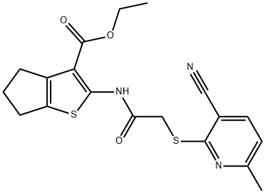 ethyl 2-({[(3-cyano-6-methyl-2-pyridinyl)sulfanyl]acetyl}amino)-5,6-dihydro-4H-cyclopenta[b]thiophene-3-carboxylate 结构式