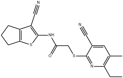 N-(3-cyano-5,6-dihydro-4H-cyclopenta[b]thien-2-yl)-2-[(3-cyano-6-ethyl-5-methyl-2-pyridinyl)sulfanyl]acetamide 结构式