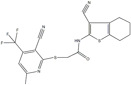 2-{[3-cyano-6-methyl-4-(trifluoromethyl)-2-pyridinyl]sulfanyl}-N-(3-cyano-4,5,6,7-tetrahydro-1-benzothien-2-yl)acetamide 结构式