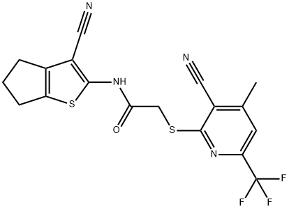 N-(3-cyano-5,6-dihydro-4H-cyclopenta[b]thien-2-yl)-2-{[3-cyano-4-methyl-6-(trifluoromethyl)-2-pyridinyl]sulfanyl}acetamide 结构式