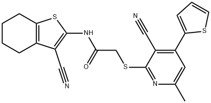 2-{[3-cyano-6-methyl-4-(2-thienyl)-2-pyridinyl]sulfanyl}-N-(3-cyano-4,5,6,7-tetrahydro-1-benzothien-2-yl)acetamide 结构式