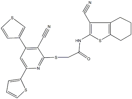 N-(3-cyano-4,5,6,7-tetrahydro-1-benzothien-2-yl)-2-{[3-cyano-6-(2-thienyl)-4-(3-thienyl)-2-pyridinyl]sulfanyl}acetamide 结构式