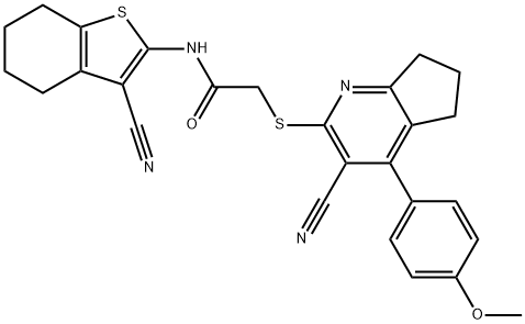 2-{[3-cyano-4-(4-methoxyphenyl)-6,7-dihydro-5H-cyclopenta[b]pyridin-2-yl]sulfanyl}-N-(3-cyano-4,5,6,7-tetrahydro-1-benzothien-2-yl)acetamide 结构式