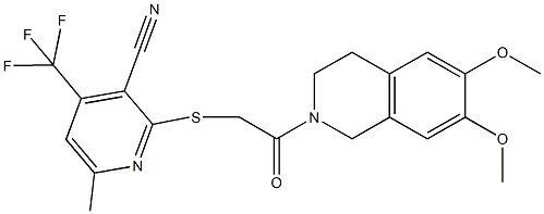 2-{[2-(6,7-dimethoxy-3,4-dihydro-2(1H)-isoquinolinyl)-2-oxoethyl]sulfanyl}-6-methyl-4-(trifluoromethyl)nicotinonitrile 结构式