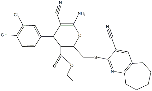 ethyl 6-amino-5-cyano-2-{[(3-cyano-6,7,8,9-tetrahydro-5H-cyclohepta[b]pyridin-2-yl)sulfanyl]methyl}-4-(3,4-dichlorophenyl)-4H-pyran-3-carboxylate 结构式