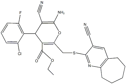 ethyl 6-amino-4-(2-chloro-6-fluorophenyl)-5-cyano-2-{[(3-cyano-6,7,8,9-tetrahydro-5H-cyclohepta[b]pyridin-2-yl)sulfanyl]methyl}-4H-pyran-3-carboxylate 结构式