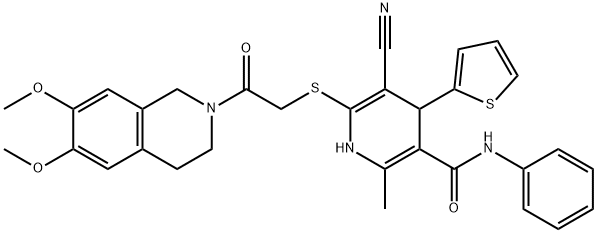 5-cyano-6-{[2-(6,7-dimethoxy-3,4-dihydro-2(1H)-isoquinolinyl)-2-oxoethyl]sulfanyl}-2-methyl-N-phenyl-4-(2-thienyl)-1,4-dihydro-3-pyridinecarboxamide 结构式