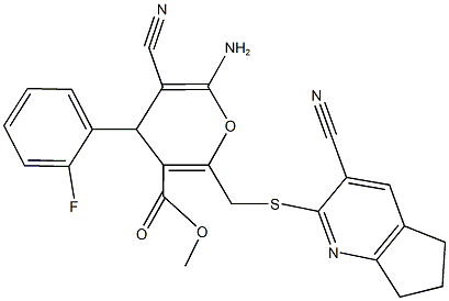 methyl 6-amino-5-cyano-2-{[(3-cyano-6,7-dihydro-5H-cyclopenta[b]pyridin-2-yl)sulfanyl]methyl}-4-(2-fluorophenyl)-4H-pyran-3-carboxylate 结构式