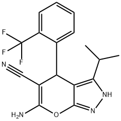 6-amino-3-isopropyl-4-[2-(trifluoromethyl)phenyl]-2,4-dihydropyrano[2,3-c]pyrazole-5-carbonitrile 结构式