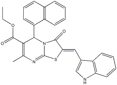 ethyl 2-(1H-indol-3-ylmethylene)-7-methyl-5-(1-naphthyl)-3-oxo-2,3-dihydro-5H-[1,3]thiazolo[3,2-a]pyrimidine-6-carboxylate 结构式