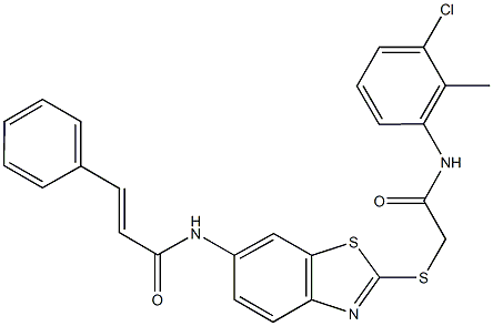 N-(2-{[2-(3-chloro-2-methylanilino)-2-oxoethyl]sulfanyl}-1,3-benzothiazol-6-yl)-3-phenylacrylamide 结构式