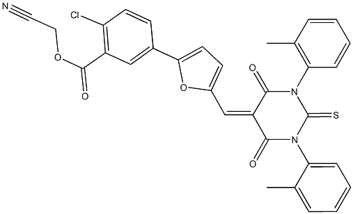 cyanomethyl 5-{5-[(1,3-bis(2-methylphenyl)-4,6-dioxo-2-thioxotetrahydro-5(2H)-pyrimidinylidene)methyl]-2-furyl}-2-chlorobenzoate 结构式