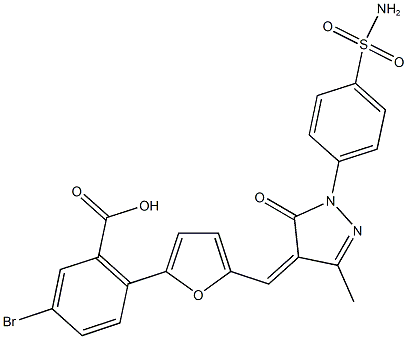 2-[5-({1-[4-(aminosulfonyl)phenyl]-3-methyl-5-oxo-1,5-dihydro-4H-pyrazol-4-ylidene}methyl)-2-furyl]-5-bromobenzoic acid 结构式