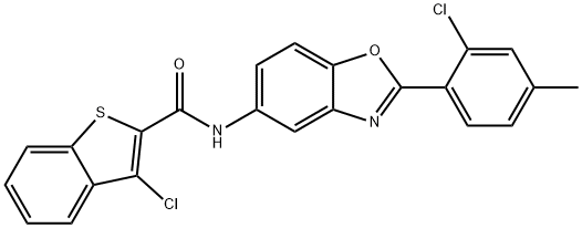 3-chloro-N-[2-(2-chloro-4-methylphenyl)-1,3-benzoxazol-5-yl]-1-benzothiophene-2-carboxamide 结构式