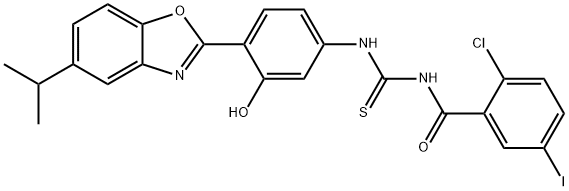 N-(2-chloro-5-iodobenzoyl)-N'-[3-hydroxy-4-(5-isopropyl-1,3-benzoxazol-2-yl)phenyl]thiourea 结构式