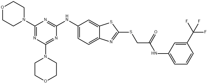 2-({6-[(4,6-dimorpholin-4-yl-1,3,5-triazin-2-yl)amino]-1,3-benzothiazol-2-yl}sulfanyl)-N-[3-(trifluoromethyl)phenyl]acetamide 结构式